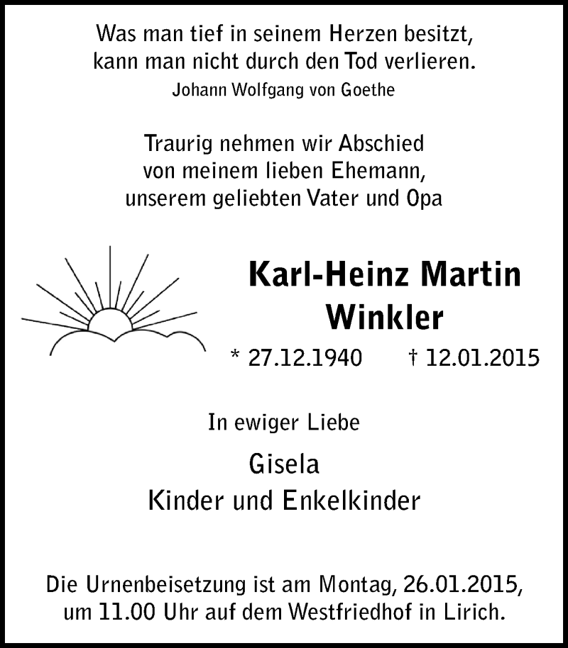  Traueranzeige für Karl-Heinz Martin Winkler vom 21.01.2015 aus Wochen-Anzeiger Oberhausen