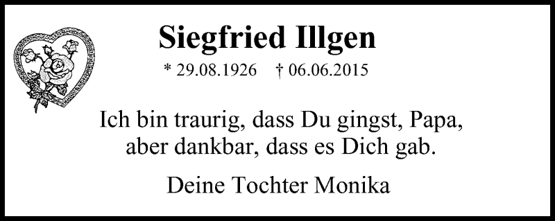  Traueranzeige für Siegfried Illgen vom 17.06.2015 aus Mülheimer Woche