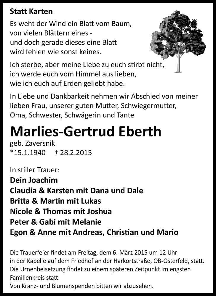  Traueranzeige für Marlies-Gertrud Eberth vom 04.03.2015 aus Wochen-Anzeiger Oberhausen