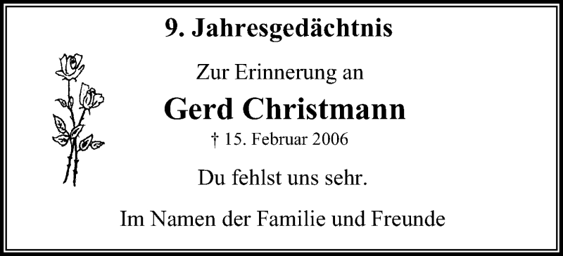  Traueranzeige für Gerd Christmann vom 14.02.2015 aus WVW Anzeigenblätter