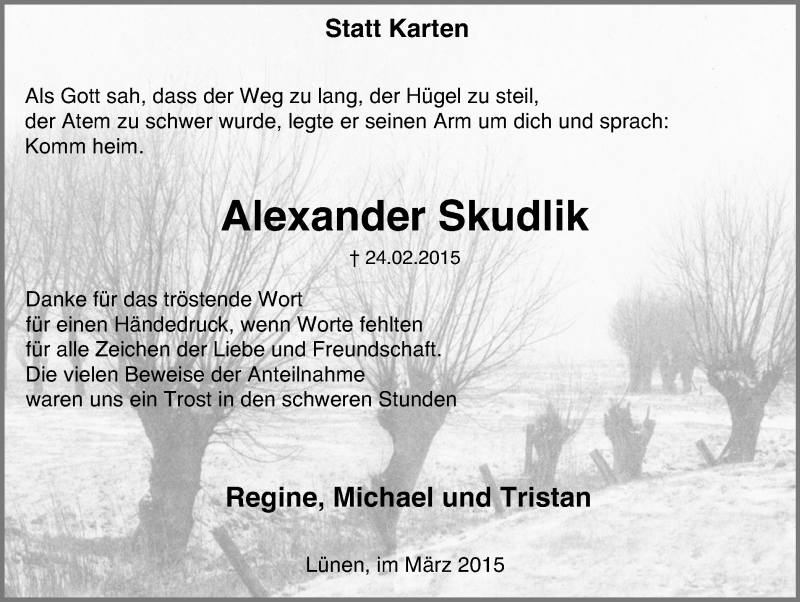  Traueranzeige für Alexander Skudlik vom 28.03.2015 aus WVW Anzeigenblätter