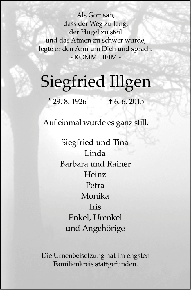  Traueranzeige für Siegfried Illgen vom 27.06.2015 aus Mülheimer Woche