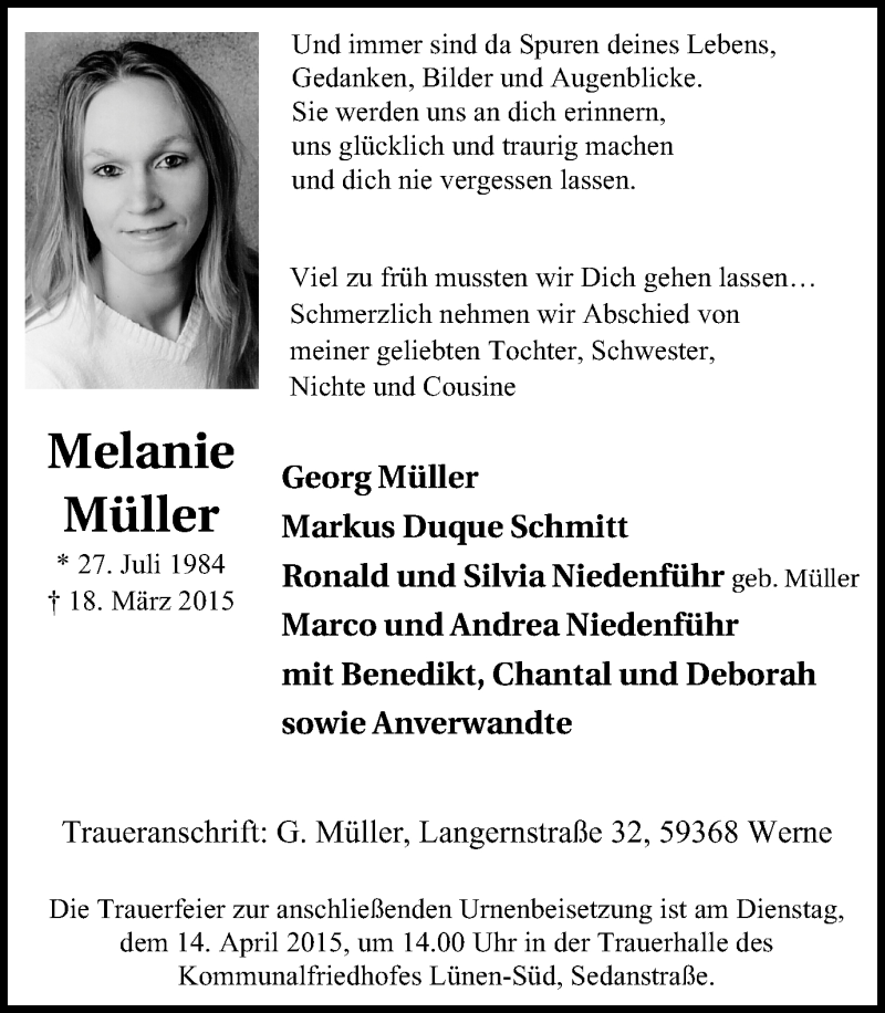  Traueranzeige für Melanie Müller vom 11.04.2015 aus Lüner Anzeiger