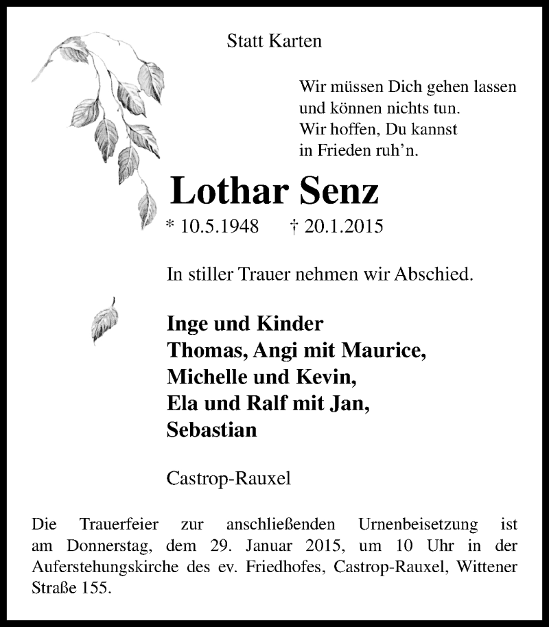  Traueranzeige für Lothar Senz vom 28.01.2015 aus Stadtanz.Castrop-Rauxel