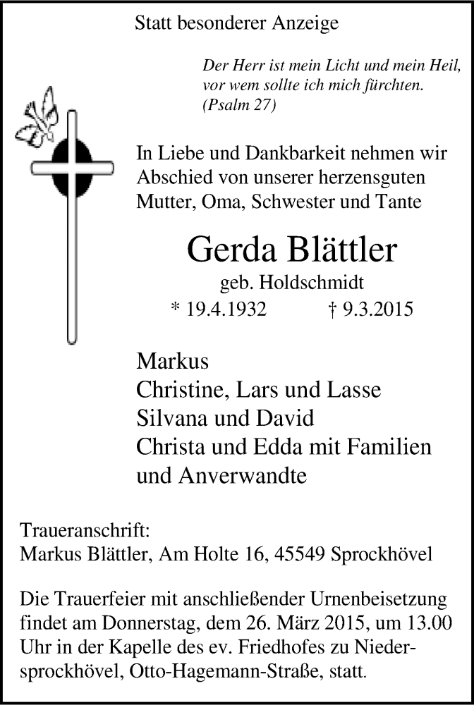  Traueranzeige für Gerda Blättler vom 14.03.2015 aus Stadtspiegel Hattingen/Niedersprockhövel