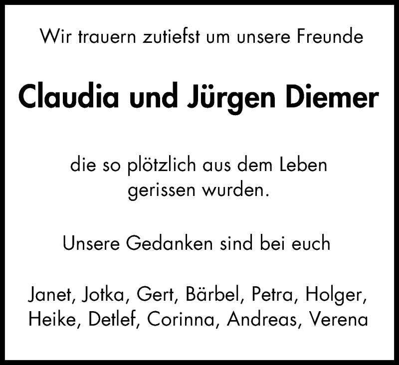  Traueranzeige für Claudia und Jürgen Diemer vom 28.03.2015 aus WVW Anzeigenblätter