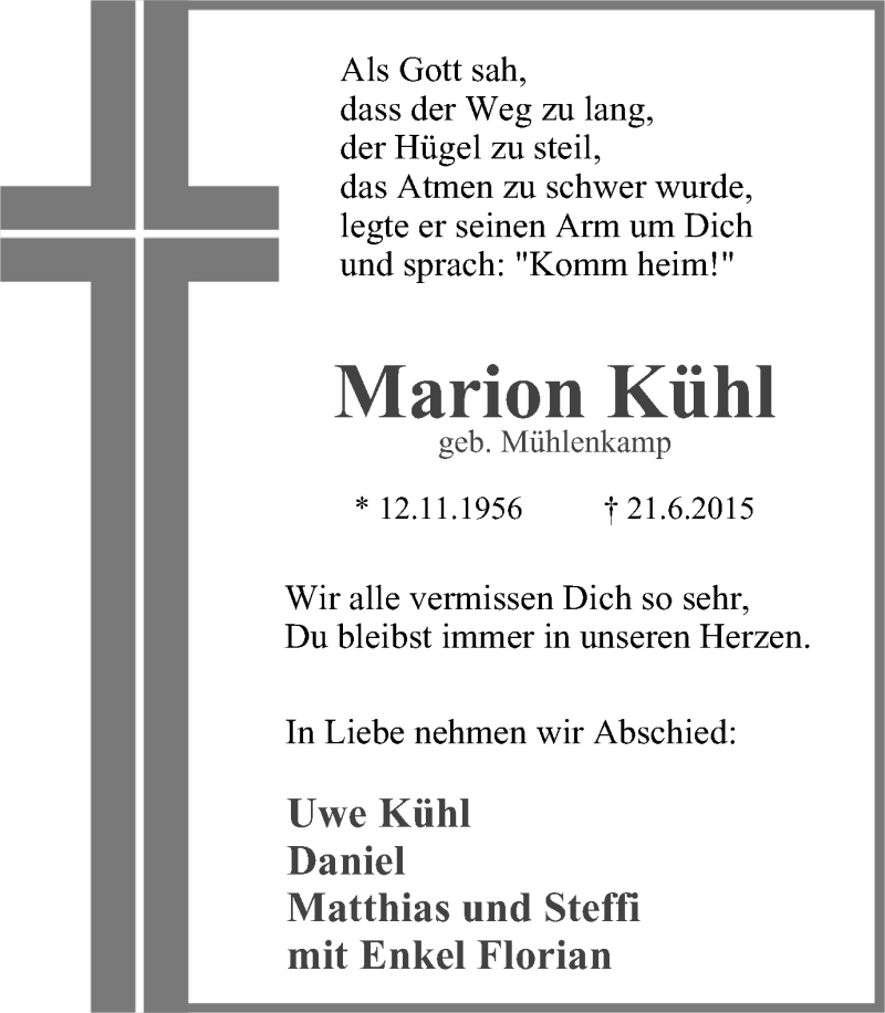 Traueranzeige für Marion Kühl vom 27.06.2015 aus Lüner Anzeiger