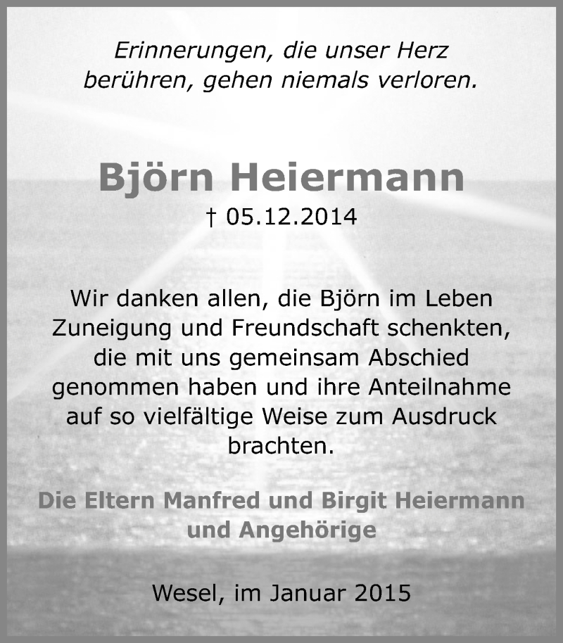  Traueranzeige für Björn Heiermann vom 21.01.2015 aus Der Weseler + Der Xantener