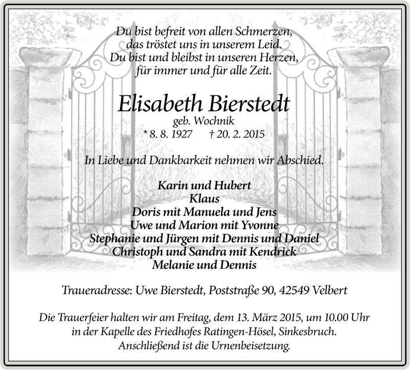  Traueranzeige für Elisabeth Bierstedt vom 11.03.2015 aus Stadtanzeiger Velbert + Heiligenhaus