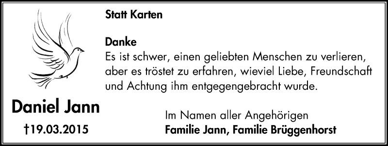  Traueranzeige für Daniel Jann vom 30.05.2015 aus Mülheimer Woche