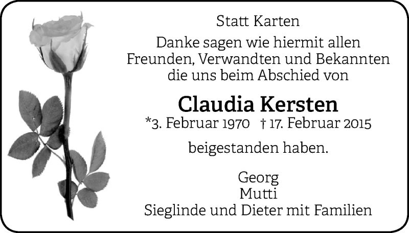  Traueranzeige für Claudia Kersten vom 04.04.2015 aus Gocher Wochenblatt
