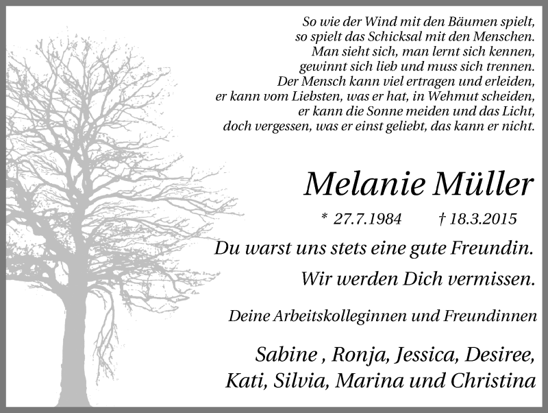  Traueranzeige für Melanie Müller vom 04.04.2015 aus Lüner Anzeiger