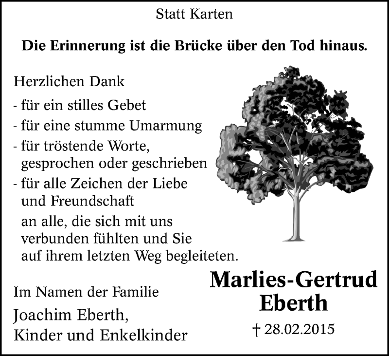  Traueranzeige für Marlies-Gertrud Eberth vom 11.04.2015 aus Wochen-Anzeiger Oberhausen