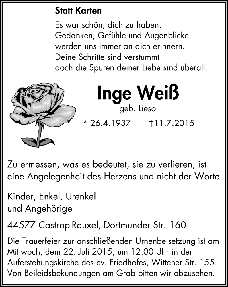  Traueranzeige für Inge Weiß vom 18.07.2015 aus Stadtanz.Castrop-Rauxel