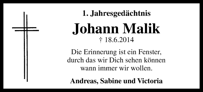  Traueranzeige für Johann Malik vom 17.06.2015 aus Stadtspiegel Bottrop