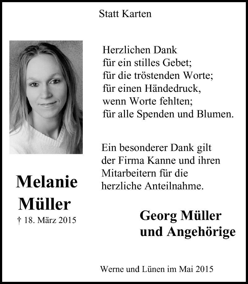  Traueranzeige für Melanie Müller vom 02.05.2015 aus Lüner Anzeiger