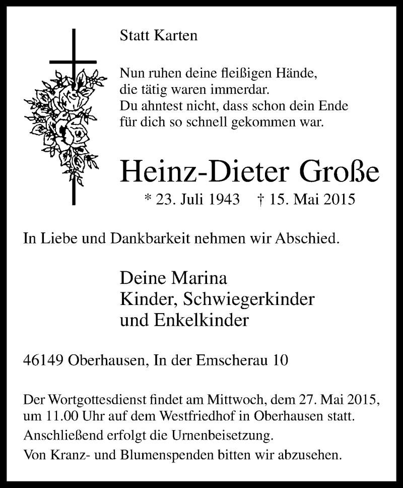  Traueranzeige für Heinz-Dieter Große vom 20.05.2015 aus Wochen-Anzeiger Oberhausen