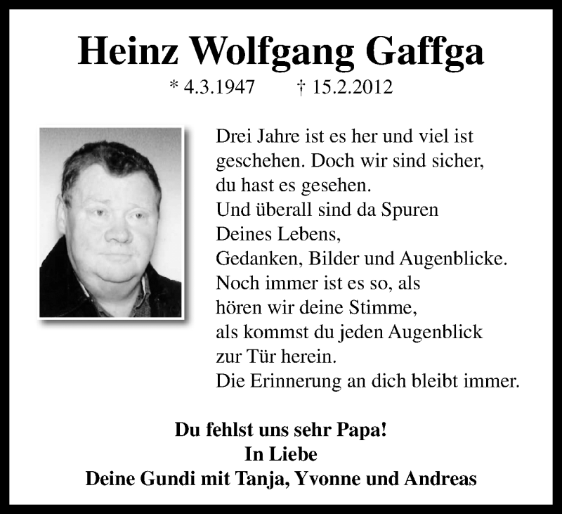  Traueranzeige für Heinz Wolfgang Gaffga vom 14.02.2015 aus WVW Anzeigenblätter