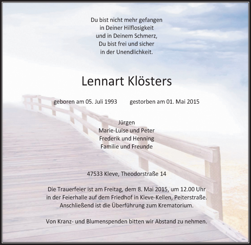 Traueranzeige für Lennart Klösters vom 06.05.2015 aus Klever Wochenblatt