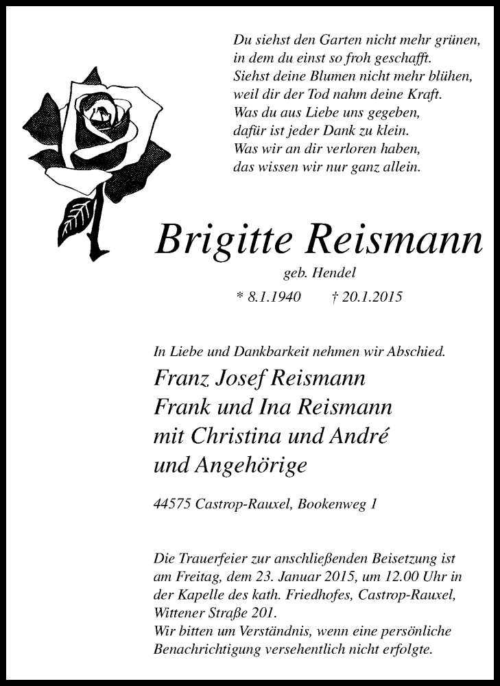  Traueranzeige für Brigitte Reismann vom 21.01.2015 aus Stadtanz.Castrop-Rauxel