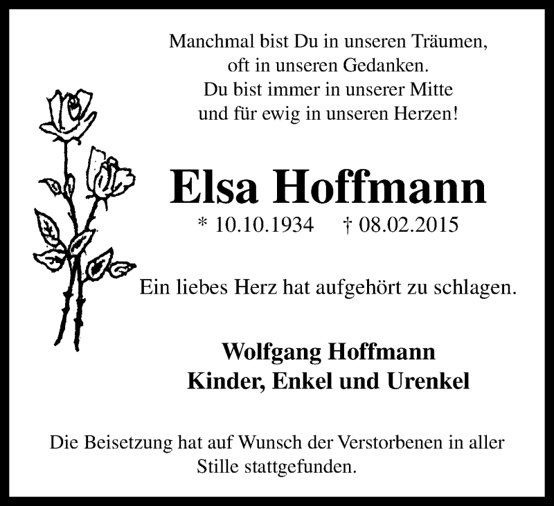  Traueranzeige für Elsa Hoffmann vom 14.03.2015 aus Stadtspiegel Bottrop