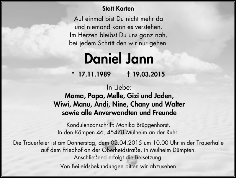  Traueranzeige für Daniel Jann vom 28.03.2015 aus WVW Anzeigenblätter