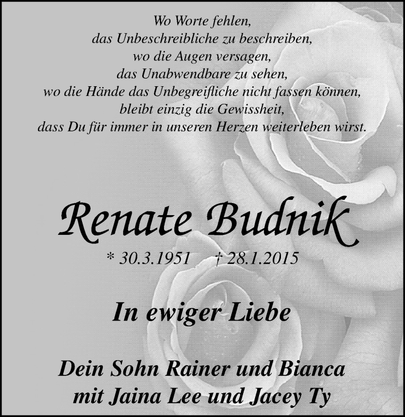  Traueranzeige für Renate Budnik vom 31.01.2015 aus Stadtanz.Castrop-Rauxel