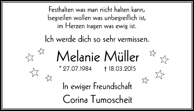  Traueranzeige für Melanie Müller vom 04.04.2015 aus Lüner Anzeiger