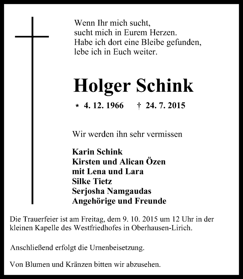  Traueranzeige für Holger Schink vom 07.10.2015 aus Wochen-Anzeiger Oberhausen