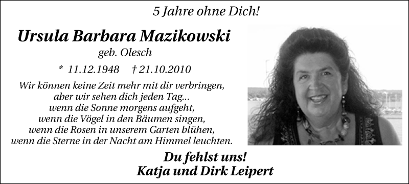  Traueranzeige für Ursula Barbara Mazikowski vom 21.10.2015 aus Lüner Anzeiger