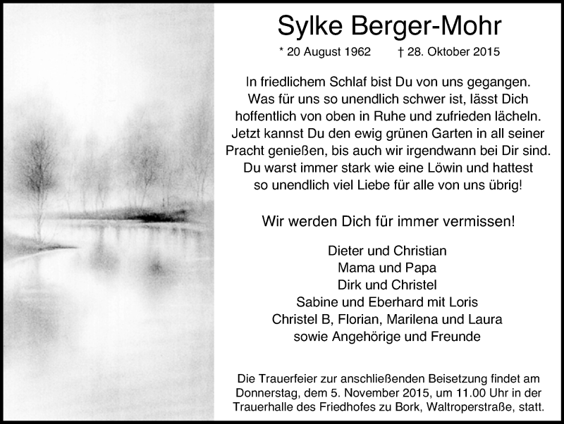  Traueranzeige für Sylke Berger-Mohr vom 31.10.2015 aus Lüner Anzeiger
