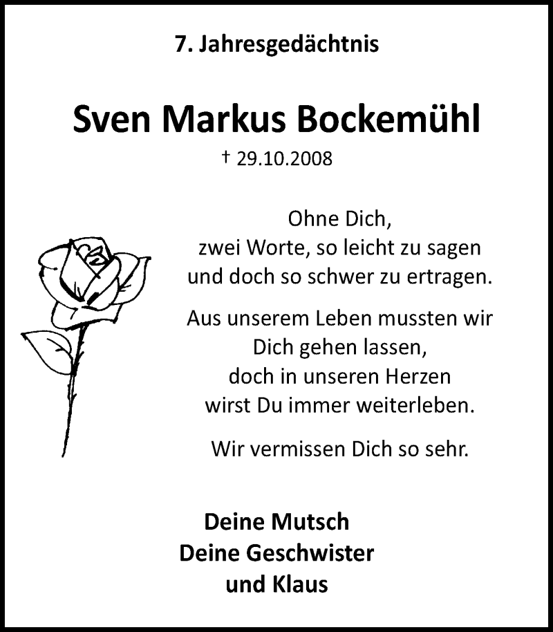  Traueranzeige für Sven Markus Bockemühl vom 31.10.2015 aus Kettwig Kurier