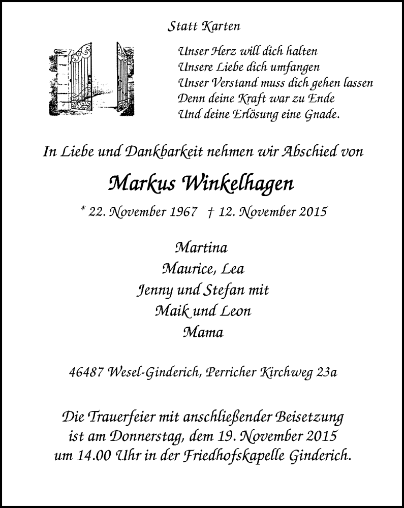  Traueranzeige für Markus Winkelhagen vom 18.11.2015 aus Der Weseler + Der Xantener