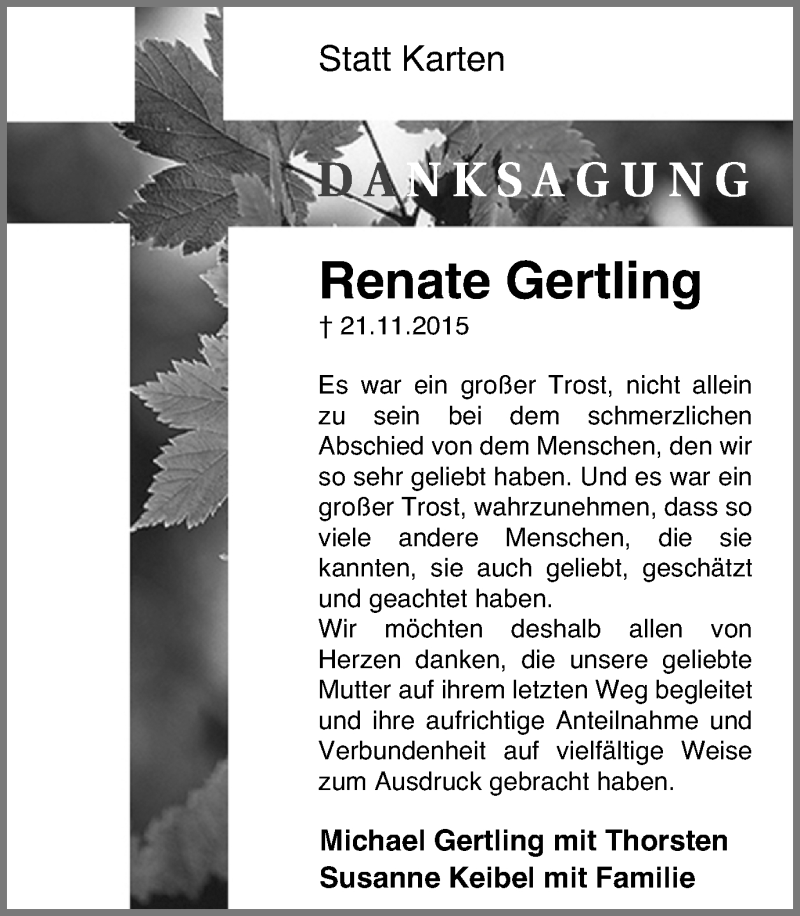  Traueranzeige für Renate Gertling vom 19.12.2015 aus Lüner Anzeiger