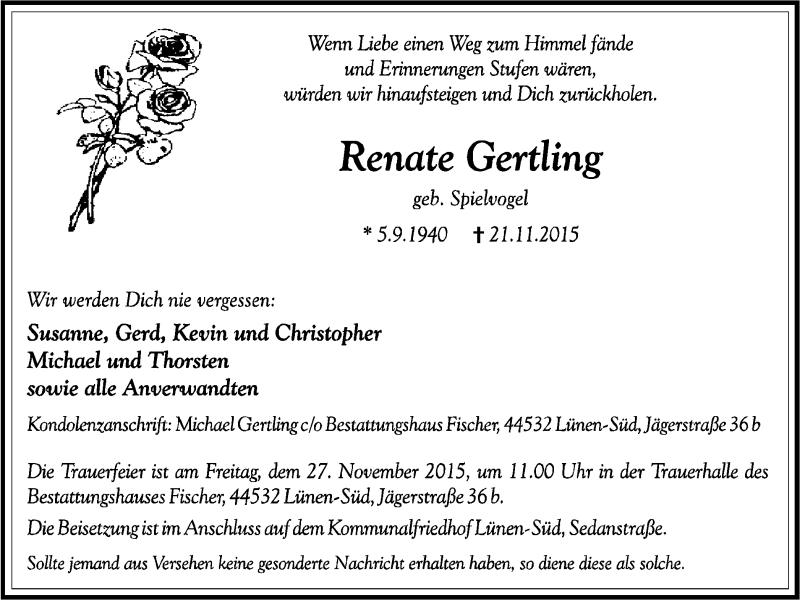  Traueranzeige für Renate Gertling vom 25.11.2015 aus  Lüner Anzeiger