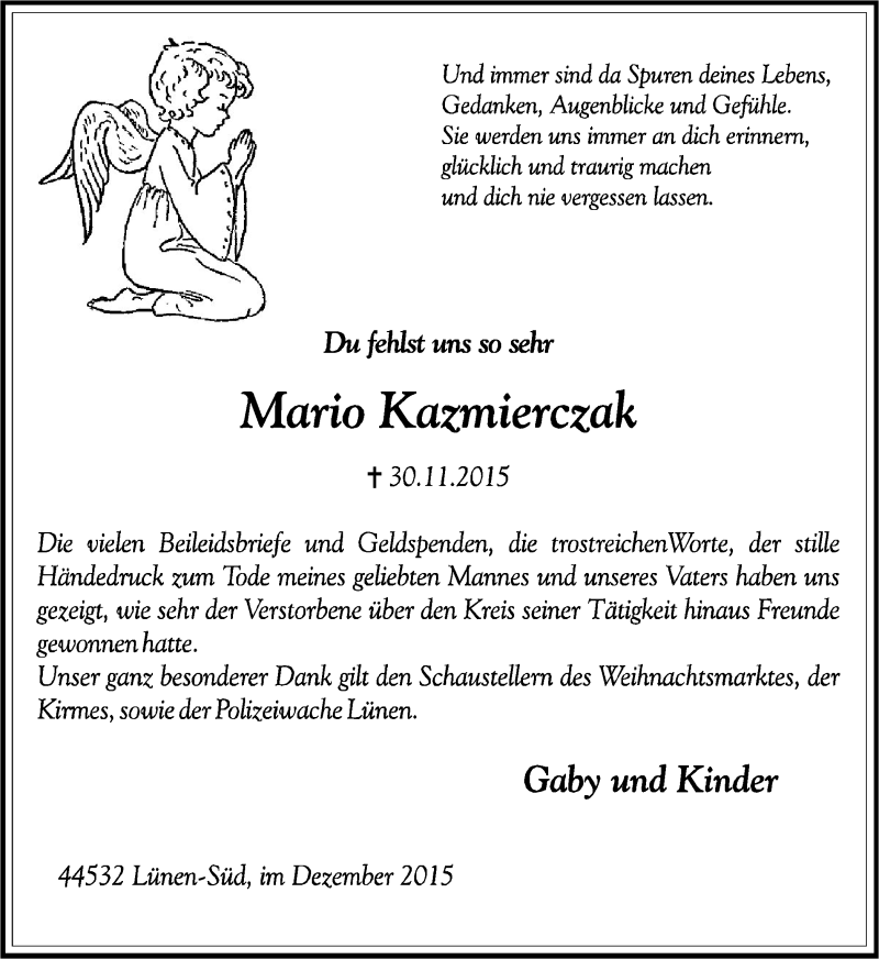  Traueranzeige für Mario Kazmierczak vom 19.12.2015 aus Lüner Anzeiger