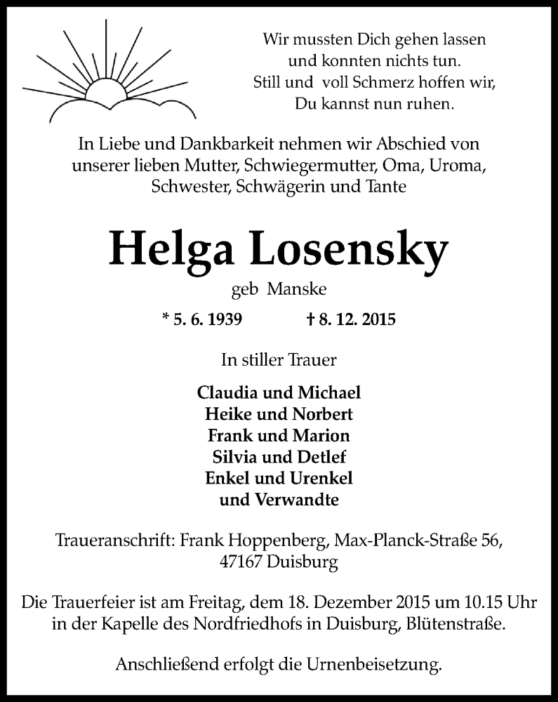  Traueranzeige für Helga Losensky vom 16.12.2015 aus Wochen-Anzeiger Duisburg