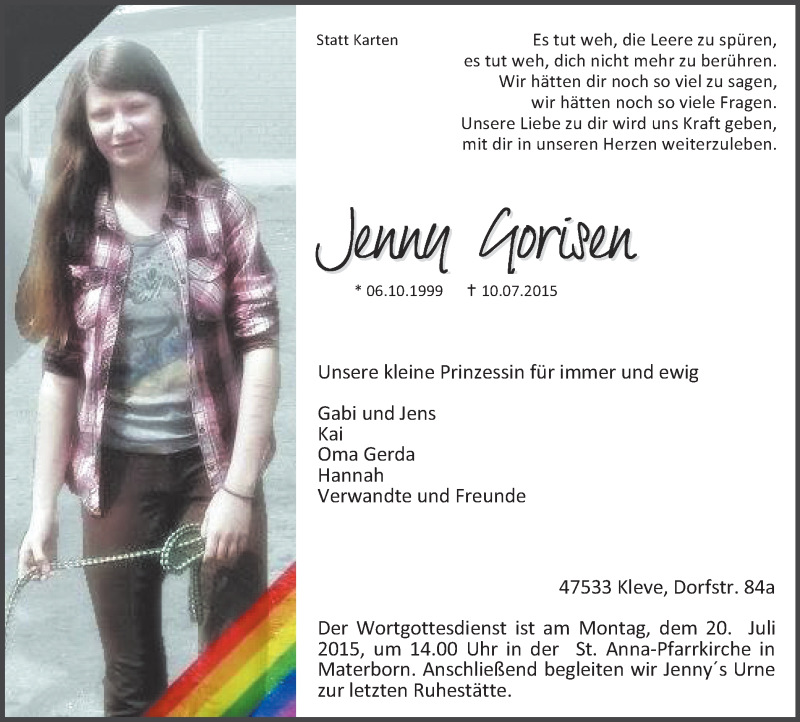  Traueranzeige für Jenny Gorisen vom 15.07.2015 aus Klever Wochenblatt