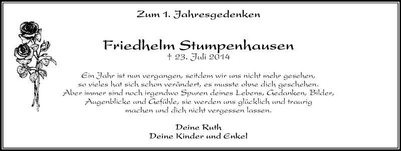  Traueranzeige für Friedhelm Stumpenhausen vom 22.07.2015 aus Stadtanz.Castrop-Rauxel