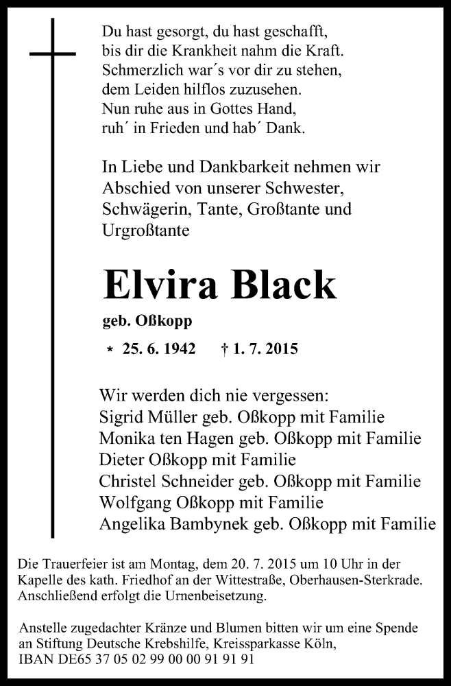  Traueranzeige für Elvira Black vom 15.07.2015 aus Wochen-Anzeiger Oberhausen