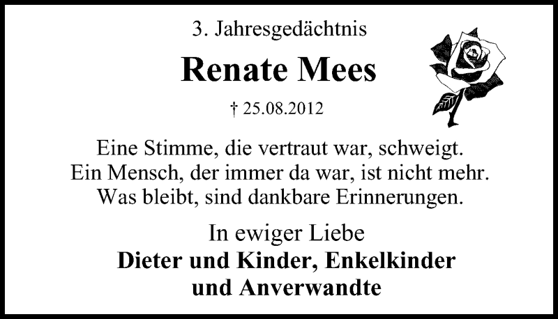  Traueranzeige für Renate Mees vom 26.08.2015 aus Mülheimer Woche