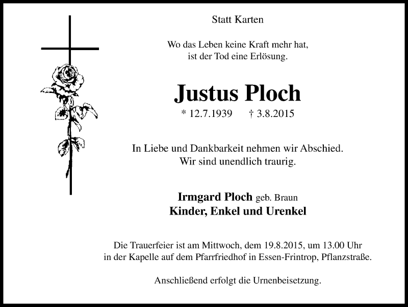  Traueranzeige für Justus Ploch vom 15.08.2015 aus WVW Anzeigenblätter