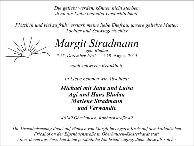  Traueranzeige für Margit Stradmann vom 26.08.2015 aus Wochen-Anzeiger Oberhausen