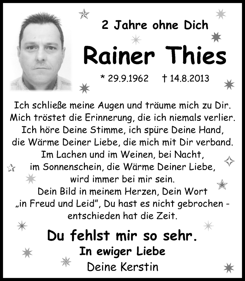 Traueranzeige für Rainer Thies vom 15.08.2015 aus WVW Anzeigenblätter