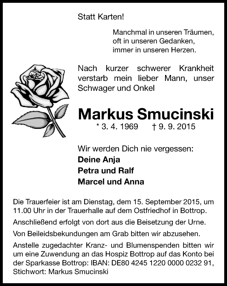  Traueranzeige für Markus Smucinski vom 12.09.2015 aus Stadtspiegel Bottrop