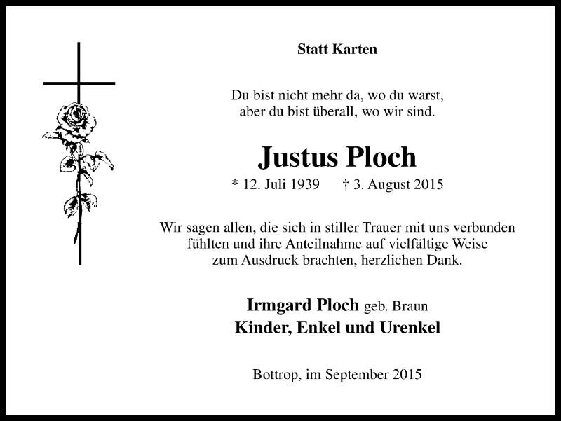  Traueranzeige für Justus Ploch vom 26.09.2015 aus Stadtspiegel Bottrop