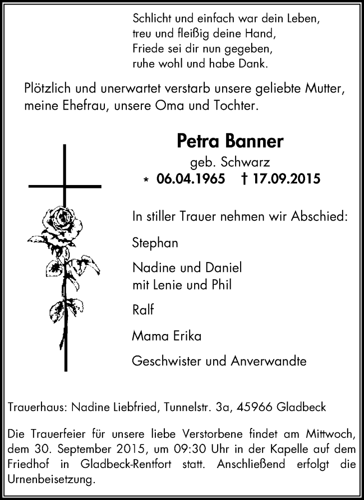  Traueranzeige für Petra Banner vom 23.09.2015 aus Stadtspiegel Gladbeck
