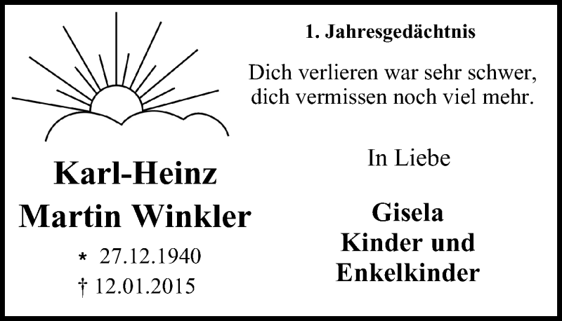  Traueranzeige für Karl-Heinz Martin Winkler vom 13.01.2016 aus Wochen-Anzeiger Oberhausen