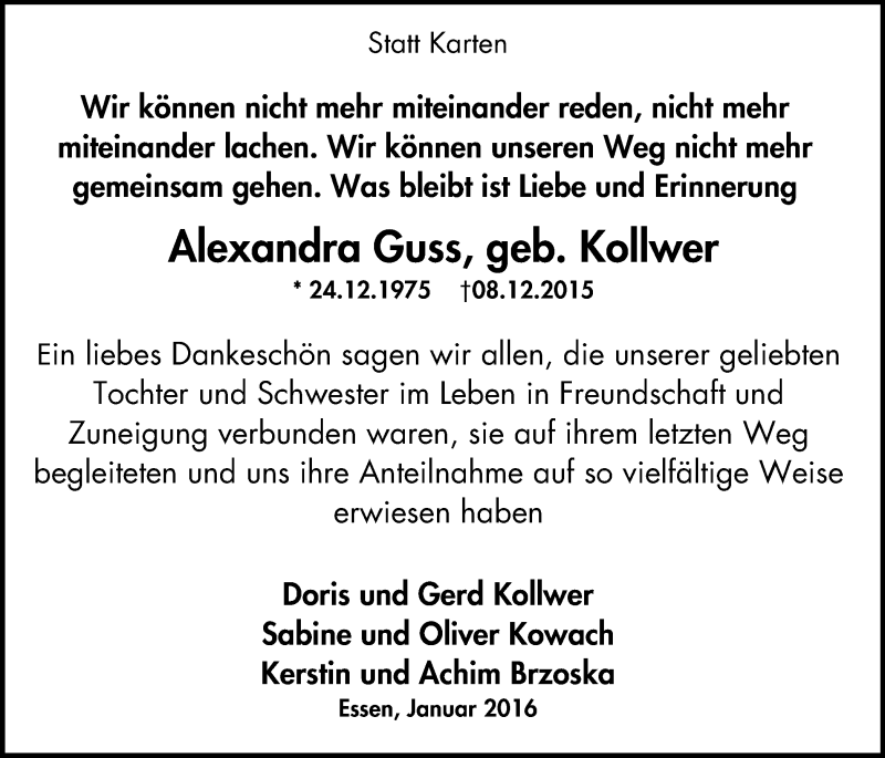 Traueranzeige für Alexandra Guss vom 20.01.2016 aus Nord Anzeiger Essen