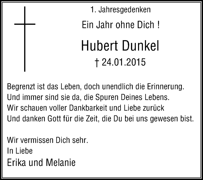  Traueranzeige für Hubert Dunkel vom 23.01.2016 aus Stadtspiegel Wattenscheid